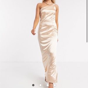 TFNC Bridesmaid one shoulder satin maxi dress in champagne